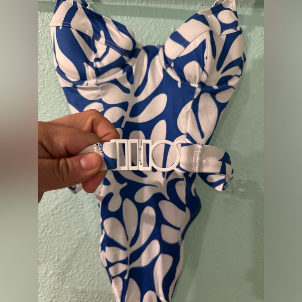 Solid & Striped White And Blue Patterned One-Piec… - image 3